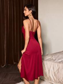 Đầm slip ren phối bèo nhún xẻ tà bất đối xứng gợi cảm dành cho phụ nữ trưởng thành - Màu Đỏ Sâu - Xem 2