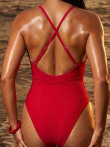 SHEIN Swim 2025 Women Solid Color Tie Waist Plunging Neck One-Piece Swimsuit Summer - Red - View 2