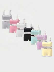 (Random 3 Sets) Girls' Simple Basic Solid Color Letter Contrast Camisole & Shorts Underwear Set - Multicolor - View 4