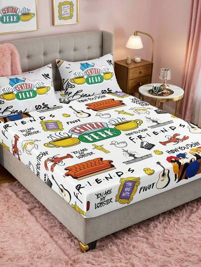 FRIENDS X SHEIN 1Pc Classic Cartoon Pattern Printed Mattress, Polished Material, Soft And Warm, Suitable For Single Bed/Double Bed/Queen Bed/King Bed