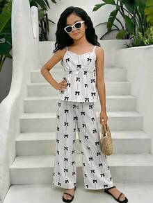 2pcs Girls Plus Size Summer Sets, Quishy Bow Camisole Top And Loose Wide Leg Pants Outfit, Casual Holiday Clothes - Multicolor - View 7
