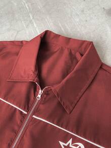 Manfinity Roghcode Manfinity Streetrush 2pcs Men's Star Print Short Sleeve Zipper Front Shirt & Shorts Outfit Football - Burgundy - View 4