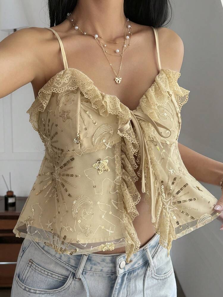 Women's Summer Casual Vacation Style Sequin Lace Trim Front Tie Camisole
