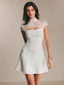Poéselle Off-White Elegant Sexy Women's Contrast Lace Hollow Out Stand Collar Short Dress Summer Polka Dot Tea Party Holiday Vacation Casual Work Outfits - Apricot - View 5
