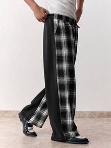 SWAVVY Men's Plaid Drawstring Waist Casual Loose Fit Wide Leg Pants, Versatile For Daily Wear - Black - View 6
