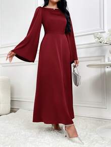 Modelyn Women Solid Color Long Sleeve Cinched Waist Simple Casual Ankle Length Modest Dress, Burgundy Modest Party Dress Long Evening Dresses - Burgundy - View 4