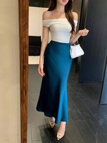 DAZY 优雅缎面女士半身裙，适合春夏办公穿着 - 藏蓝色 - 查看 6