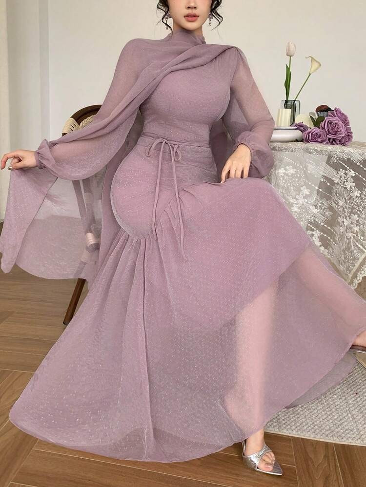 Women's Elegant Solid Color Petal Sleeve Fishtail Dress With Headscarf, 2 Pieces Set, Spring/Summer