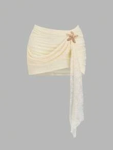 SHEIN Sweetro Chân váy ngắn xếp ly màu trơn trang trí kim loại dành cho nữ, kiểu dáng thời trang, đa năng, thích hợp cho buổi hẹn hò hoặc đi chơi. - Màu be - Xem 1