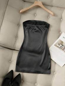 Franclia Đầm dự tiệc satin không dây, xếp ly eo, dáng ôm bất đối xứng thời trang dành cho nữ, đầm satin, đầm xuân/hè, đầm dự tiệc thanh lịch, đầm dự tiệc, trang phục ngày lễ, trang phục ngày Valentine, đầm màu nâu, đầm gợi cảm, đầm không tay - màu đen - Xem 2