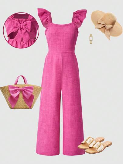 1pc Teens/Young Women's Jumpsuit, Hollow Back Design, Decorative Oversized Bow, Spaghetti Strap Ruffle Sleeve Jumpsuit, Suitable For Casual Wear In Spring/Summer