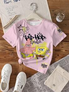 SpongeBob SquarePants | SHEIN 少女圆领短袖可爱卡通印花夏季T恤 - 白色 - 查看 3