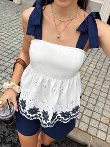 Serisse 女士夏季休闲花卉刺绣系带露肩上衣和短裤两件套 - 彩色 - 查看 10