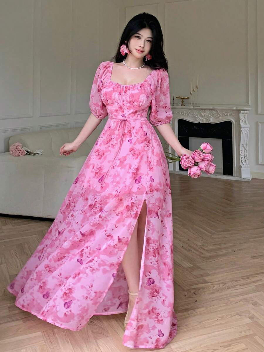 Celisse Nuevo vestido maxi elegante de verano con estampado, cordón, espalda abierta, volantes y mangas abullonadas para mujer - Multicolor - Ver 1