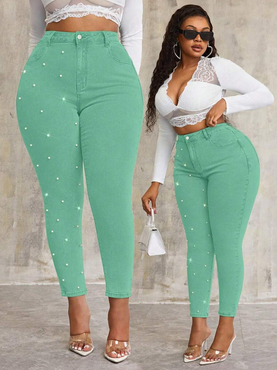 Slaydiva Plus Size Elastic Blue Denim Pants With Pearl Decor - Mint Green - View 1