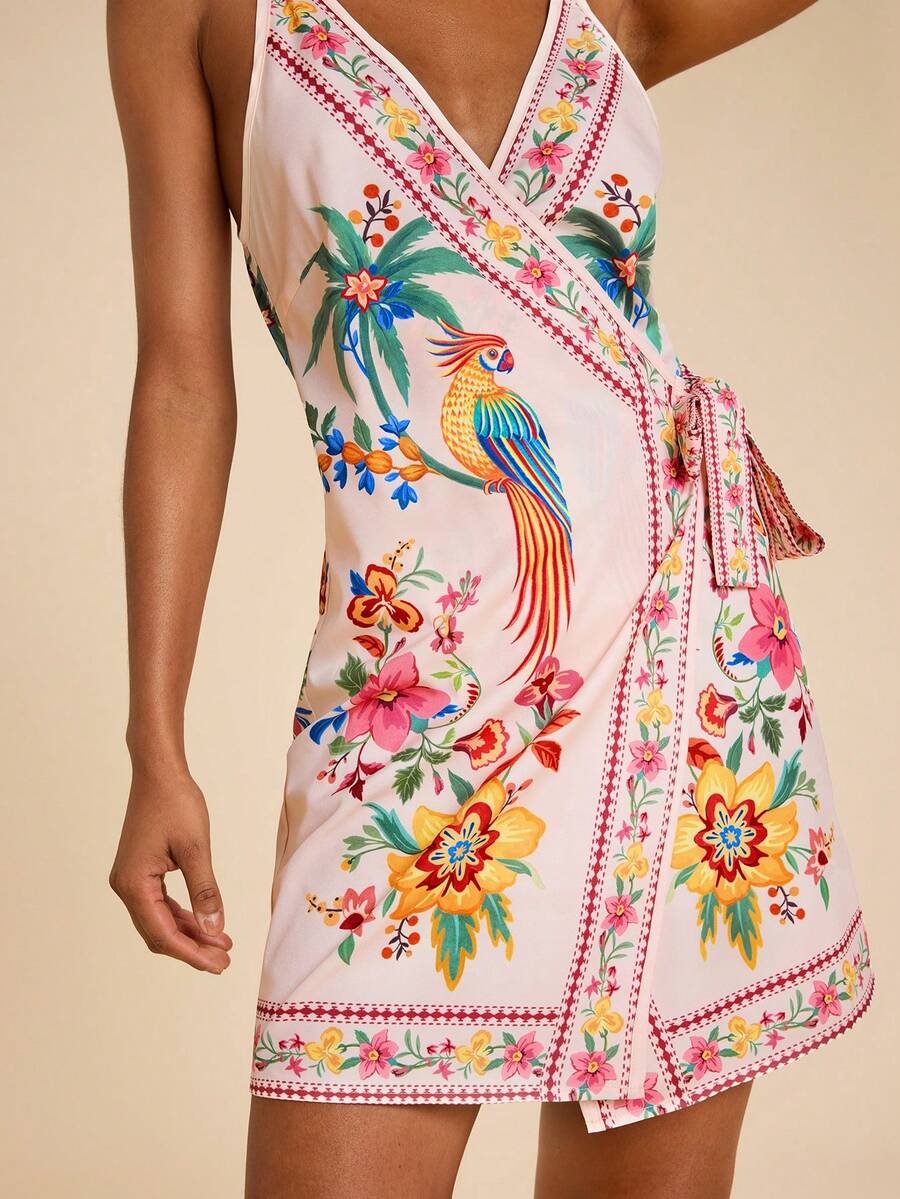 Travachic Women's Floral & Bird Print Casual Vacation Mini Slip Dress Summer Dress  Holiday Outfits Office Outfits For Women - Multicolor - View 1