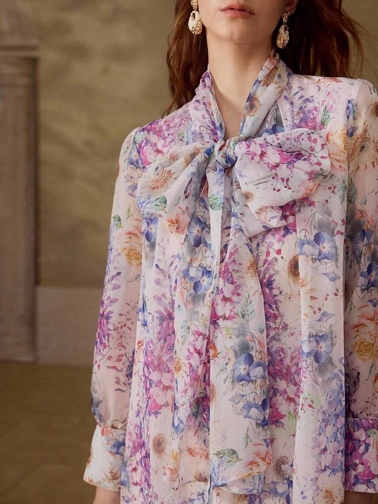 FLORAL PRINT TIE NECK LANTERN SLEEVE DRESS