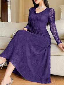 Modelyn Vestido de fiesta elegante con encaje, parches y volantes para mujer de talla grande - Morado - Ver 7