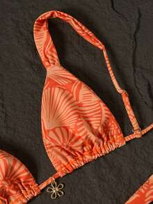 Swim Mod Women's Orange Floral Print Thick Strap Triangle Cup Bikini Two Pieces Swimwear, Beach Vacation - Orange - View 5