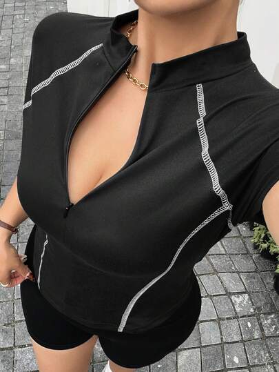 Dazy Plus Half-Zip Mandarin Collar Short Sleeve Fitted Cropped Casual Sports Tee, Plus Size Women Spring/Summer