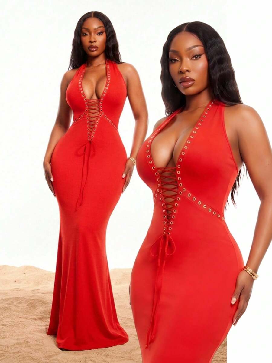 SHEIN SXY Plus Size Red Summer Bandage Halter Neck Tie Slim-Fit Long Dress Metallic Eyelets High-Elastic Knit Sleeveless Bohemian Sexy Elegant Party Vacation - Red - View 1