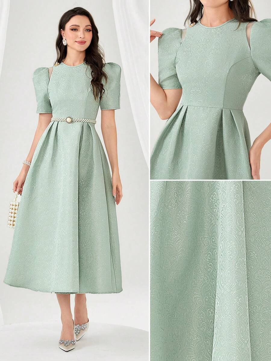Modelyn Váy dạ hội dài tay bồng Jacquard không thắt lưng