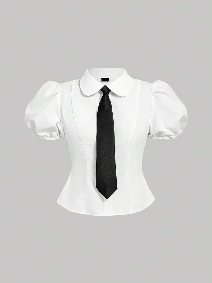 SHEIN MOD Áo sơ mi nữ cỡ lớn màu trắng cổ buộc dây tay phồng ôm dáng. Áo sơ mi trắng tay phồng thắt nơ đen, mềm mại thoải mái, lãng mạn, trang phục xuân hè cho nữ, lãng mạn, thanh lịch, váy midi dự tiệc nghỉ mát, trang phục kỳ nghỉ hè, lễ tốt nghiệp, áo công sở dễ thương, áo sơ mi thắt nơ, trang phục công sở nữ, áo kiểu công sở, trang phục phong cách học thuật tối màu. - trắng - Xem 1
