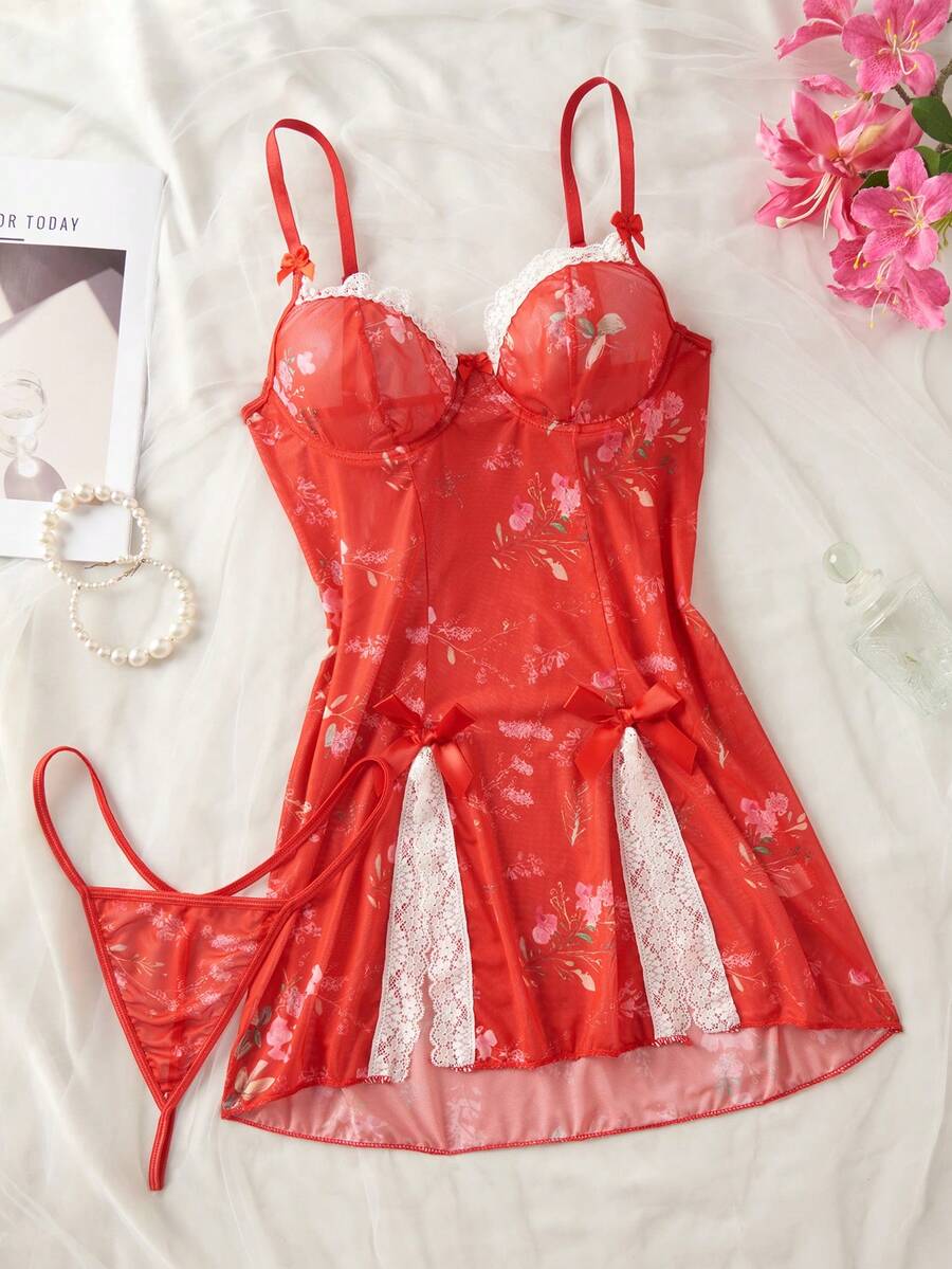SHEIN 女士蕾丝拼接花卉印花吊带睡裙和丁字裤性感睡衣套装 - 紅色 - 查看 1