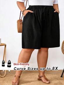 SHEIN CURVE+ Curve 尺码 US22 音乐节、海滨度假、波西米亚风女士抽绳腰带口袋舒适休闲短裤，适合海滩度假、机场出行、黑色女士休闲短裤、夏季返校季 - 黑色 - 查看 9