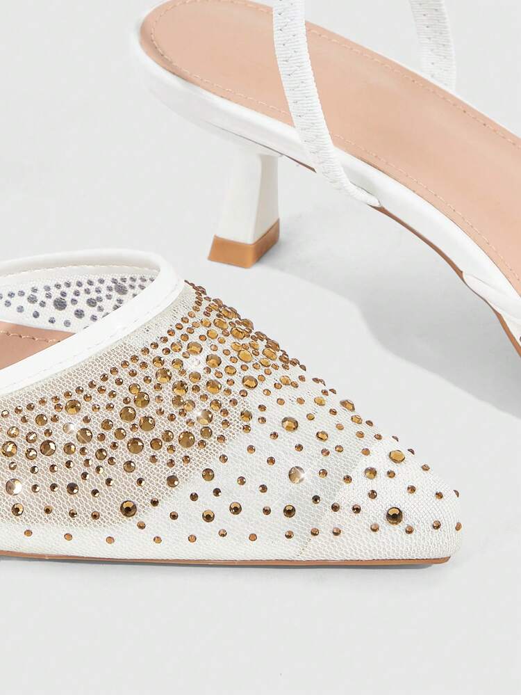 CUCCOO SZL Women Shoes Spring And Summer New Women's High Heel Shoes Mesh Rhinestone Breathable Pointed Square Heel Medium Heel French Elegance Commuter Dating Wedding Banquet Versatile Women's Shoes