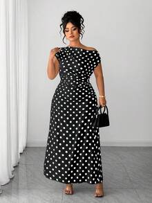 Elenzga Plus Size Women Summer Black White Polka Dot Oblique Collar Vintage Elegant Cocktail Dress,Autumn Curve Ruched Fitted Commute Office Gatherings Dress - Black - View 6