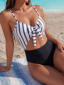 Swim Lushoire Damen gestreifter Badeanzug mit Ausschnitt an der Taille, Spaghettiträger, schwarz-weiß, für Schwimmen, Urlaub, Sommerstrand - Schwarz und Weiss - Übersicht 2