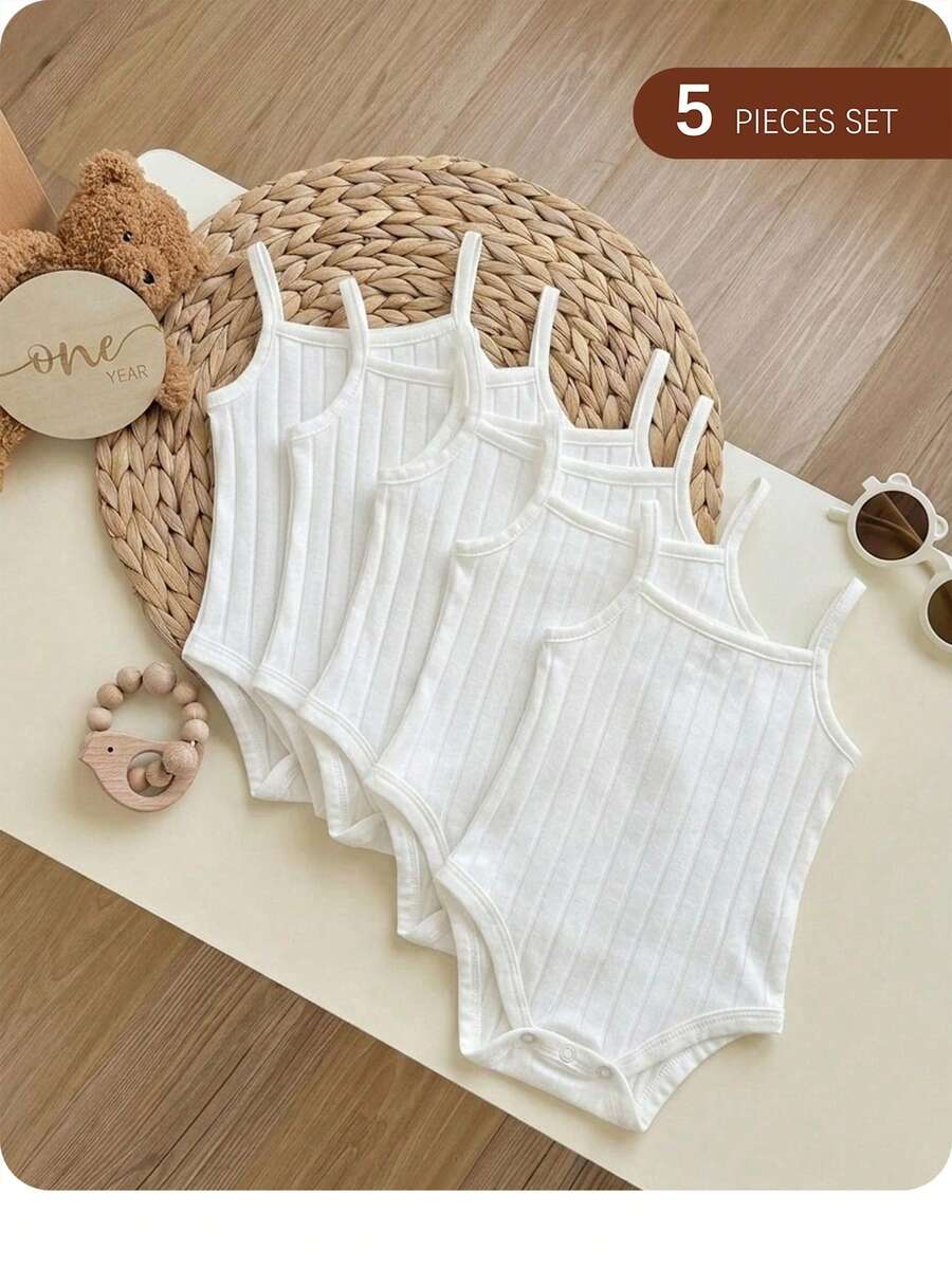 SHEIN 5-Piece Baby Boy Baby Girl Unisex Set:Knitted,Comfortable,Stretch,White Solid Color,Strappy,Open Crotch Bodysuit,Basic Work For Summer Clothes - White - View 1