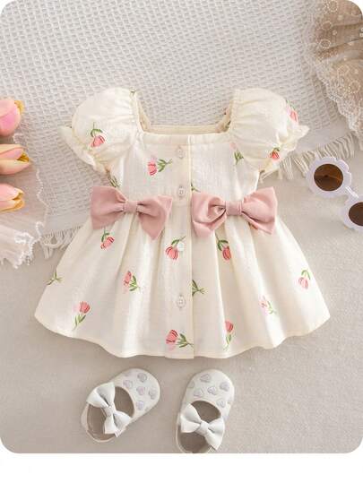 1 pieza Vestido de verano con cuello cuadrado de manga corta y estampado floral para bebé recién nacido, vestido amarillo para niña de 1 mes, ropa amarilla para bebé recién nacido, vestido de margarita para bebé recién nacido