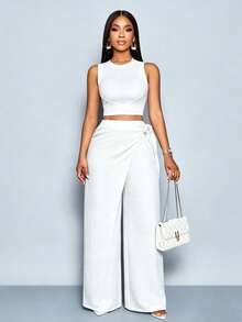 SOLERSUN Women's Linen-Like Belted High Waist Linen-Blend Tie Side Belted Wide Leg Pants - White - View 3