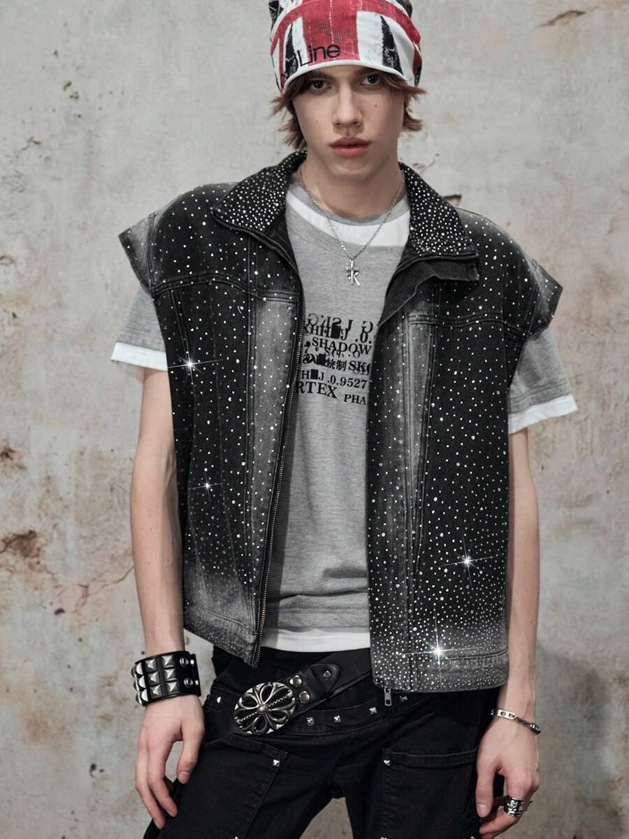 ROMWE MEN Grunge Punk Men's Sleeveless Shiny Denim Top, Fashionable Street Style For Summer - Black - View 1