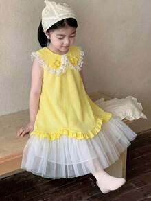 Đầm dự tiệc và dạo phố thời trang cho bé gái, cổ ren, chất liệu lưới, cài nút. - Màu vàng - Xem 4