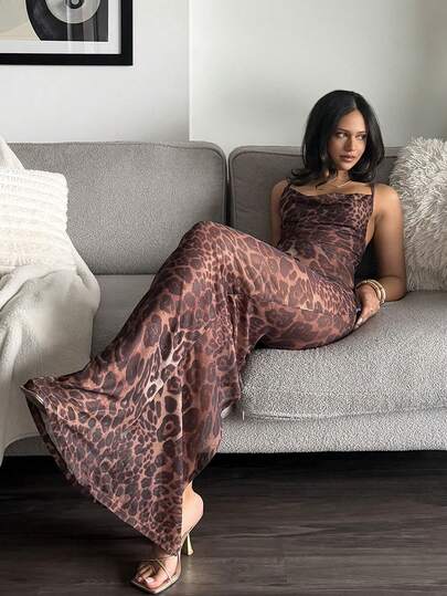 LHSEPT 经典咖啡棕色豹纹印花深 V 领吊带背心透明美人鱼连衣裙，后开衩，腰部系带，适合女士