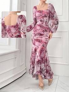 Women's Elegant Flower Print Lantern Sleeve Slim Fit Mermaid Long Dress, Spring/Summer Long Evening Dresses - Multicolor - View 2