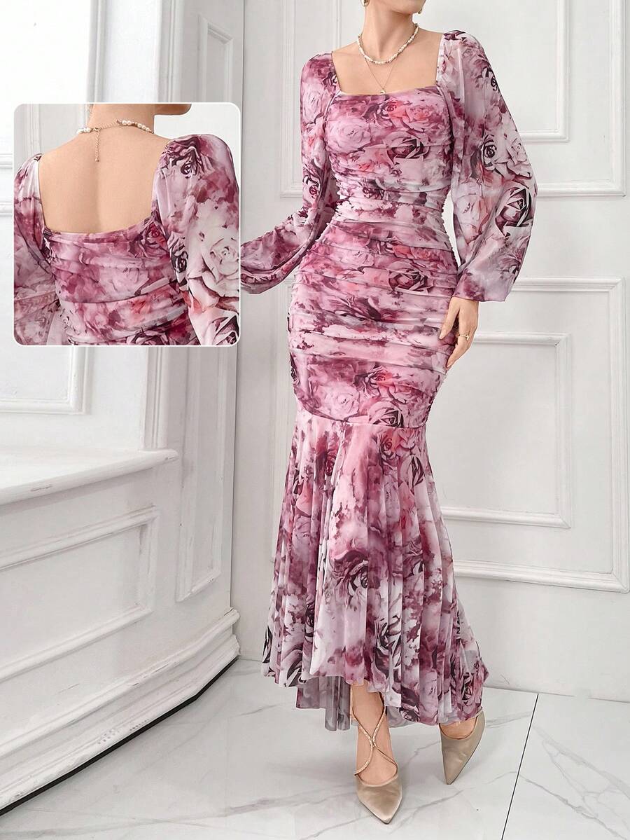 Women's Elegant Flower Print Lantern Sleeve Slim Fit Mermaid Long Dress, Spring/Summer Long Evening Dresses