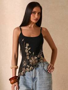 SHEIN BAE Áo hai dây hở lưng bất đối xứng, đính sequin và thêu hoa gợi cảm dành cho nữ, thích hợp cho kỳ nghỉ hè, trang phục lễ hội năm 2026, áo đi chơi, áo dự tiệc, áo phong cách Y2K, áo đen, trang phục đi nghỉ mát cho nữ, trang phục nghỉ hè, đồ đi biển cho nữ, áo đính sequin. - màu đen - Xem 1