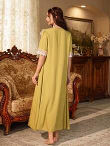 PalaceNights Palace Style Embroidered Floral Lace Patchwork V-Neck Button Front Short Sleeve Nightgown - Olive Green - View 2