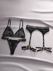 EmpressEnvy 四件套女士内衣套装，采用菱形网纱拼接、金色纽扣装饰、前开式文胸、带吊袜带夹的腰带和8字形金色装饰腿袜，性感贴身内衣套装 - 黑色 - 查看 8