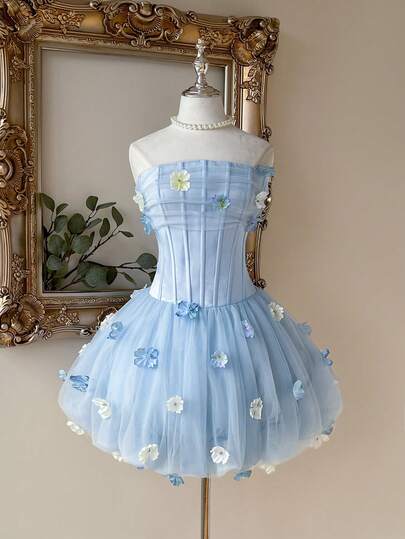 Lovelzi Elegant Sweet Light Blue Strapless Pleated Mermaid Pumpkin Flower Mini Skirt With Adjustable Tie, Suitable For Afternoon Tea Party, Graduation Ceremony, Influencer Street Style, And Various Occasions Such As Women's Ball Gown, Influencer Dress