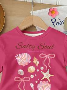 两件套女童奶油粉色“Salty Soul”海星贝壳仿珍珠蝴蝶结图案短袖圆领T恤和短裤套装，休闲女童装，适合春夏日常穿着、街头风、外出、度假、返校季等场合。 - 白色 - 查看 5