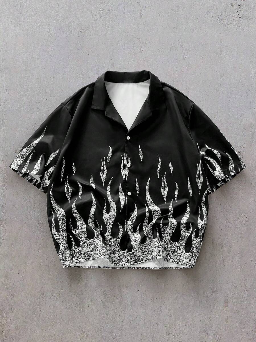 EASEVO Plus Size Men's Flame Print Single-Breasted Short Sleeve Shirt - Multicolor - View 1