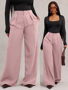 Radiana Plus-Size Women's Minimalist And Stylish Dark Gray Loose Wide-Leg Pants, Suitable For Commuting, Gray Wide-Leg Pants, High-Waisted Wide-Leg Pants, Gray Suit Pants, Perfect For Spring And Summer Wear. - Dusty Pink - View 4