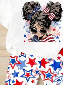 Girls (Small) Cartoon Print Round Neck Short Sleeve T-Shirt And Star Print Shorts Set - Multicolor - View 3
