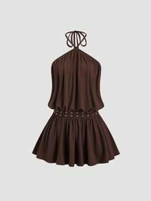 SHEIN Sweetro Đầm ngắn màu nâu gợi cảm kiểu retro Y2K, thiết kế hở lưng cổ yếm, ôm eo, thích hợp cho mùa hè. - Cà phê - Xem 1