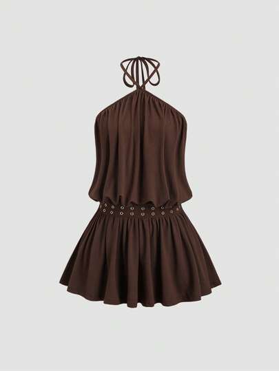 Sweetra Vestido mini de verano con diseño de espalda descubierta, cintura ceñida y estilo retro Y2K, casual y sexy, en color marrón